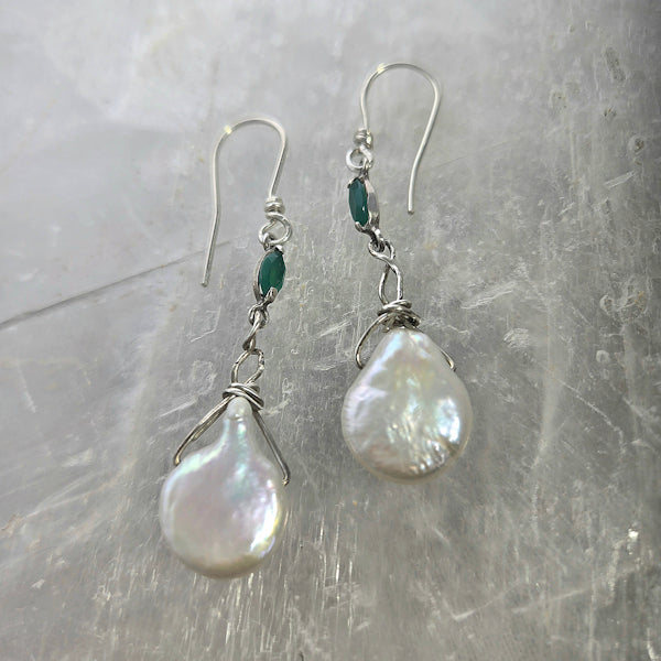Coin Pearl and Emerald Dangle Earrings