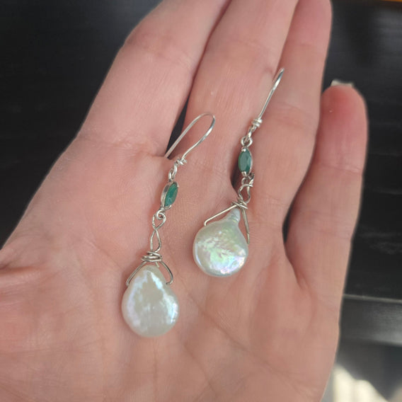 Coin Pearl and Emerald Dangle Earrings