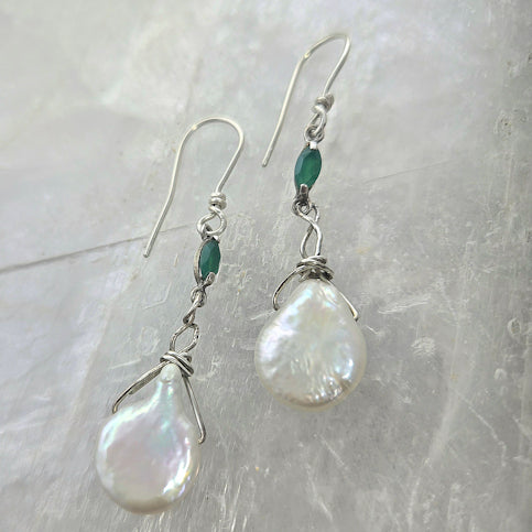 Coin Pearl and Emerald Dangle Earrings