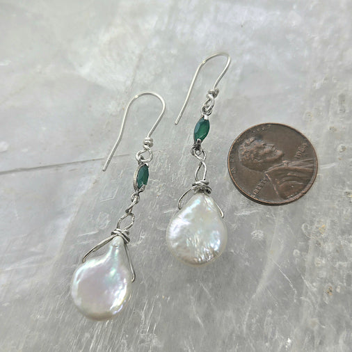 Coin Pearl and Emerald Dangle Earrings