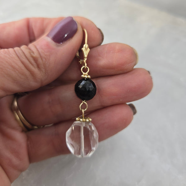 14kt Gold Rock Crystal and Black Garnet Dangle Earrings