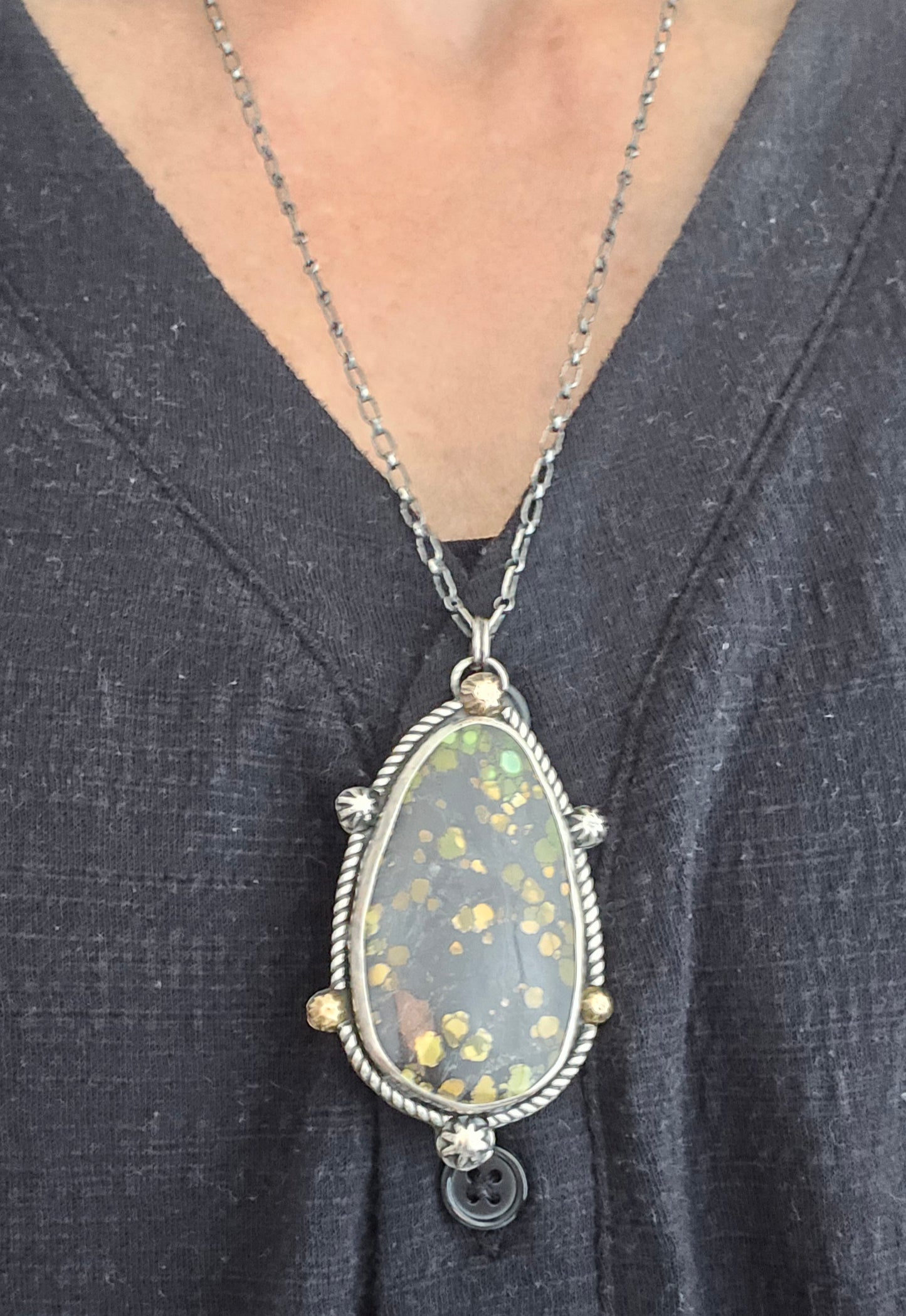 Rare Blackjack Turquoise Pendant Necklace: Sterling Silver and 18kt Gold, Statement Mixed Metal