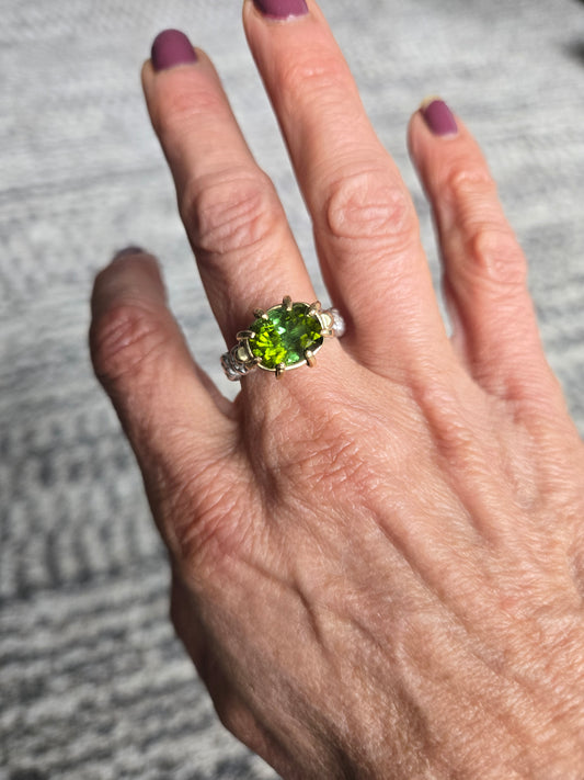 Green Tourmaline Gold and Sterling Silver Ring