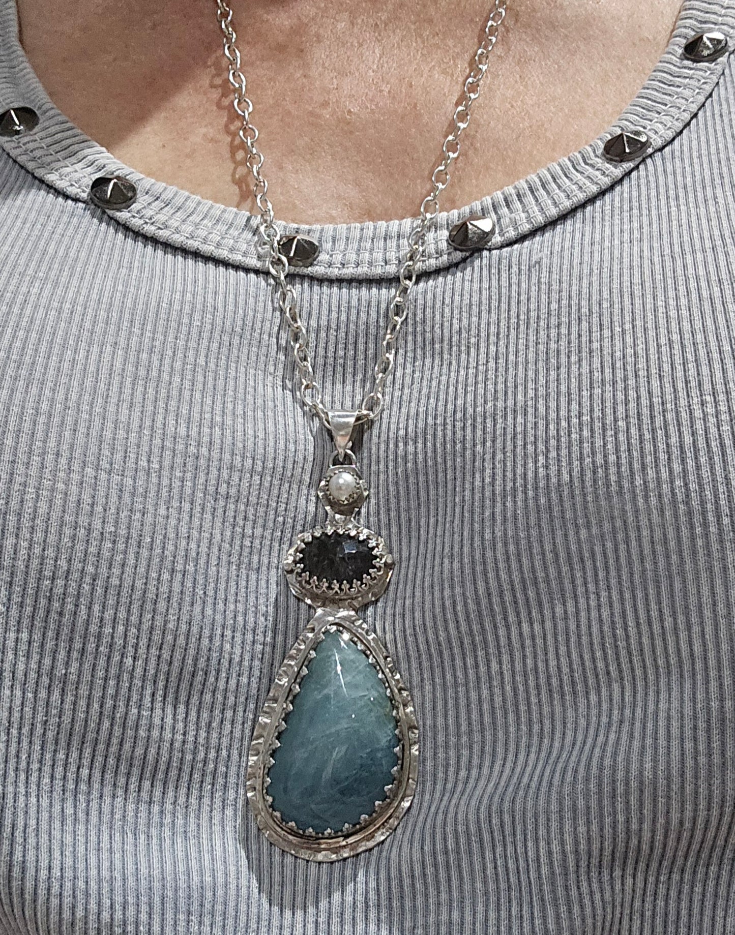 Aquamarine, Pearl, and Black Tourmalated Quartz Pendant Necklace