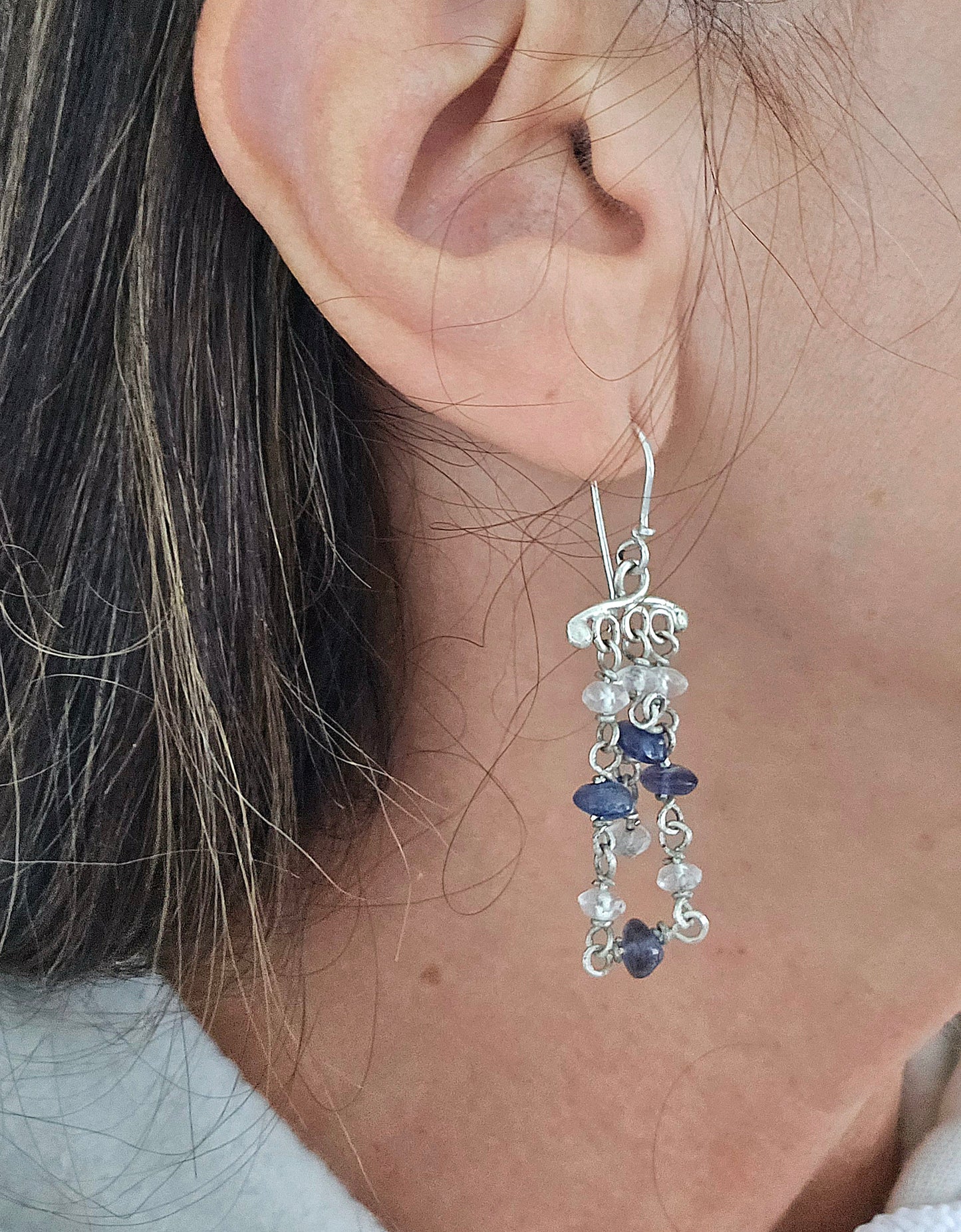 Iolite and Clear Quartz Chandelier Earrings