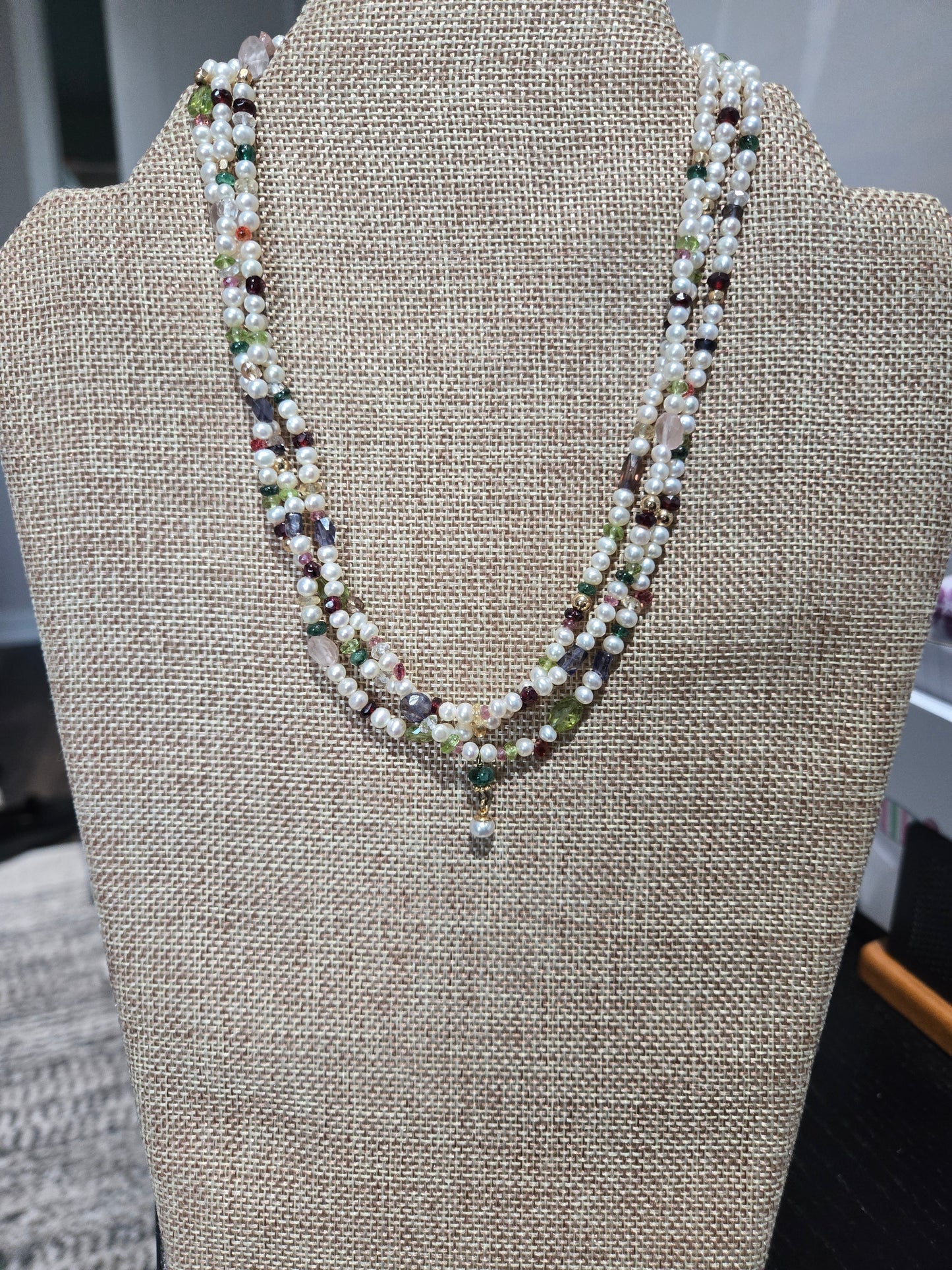 Triple Strand Pearl and Multi-Gem Necklace