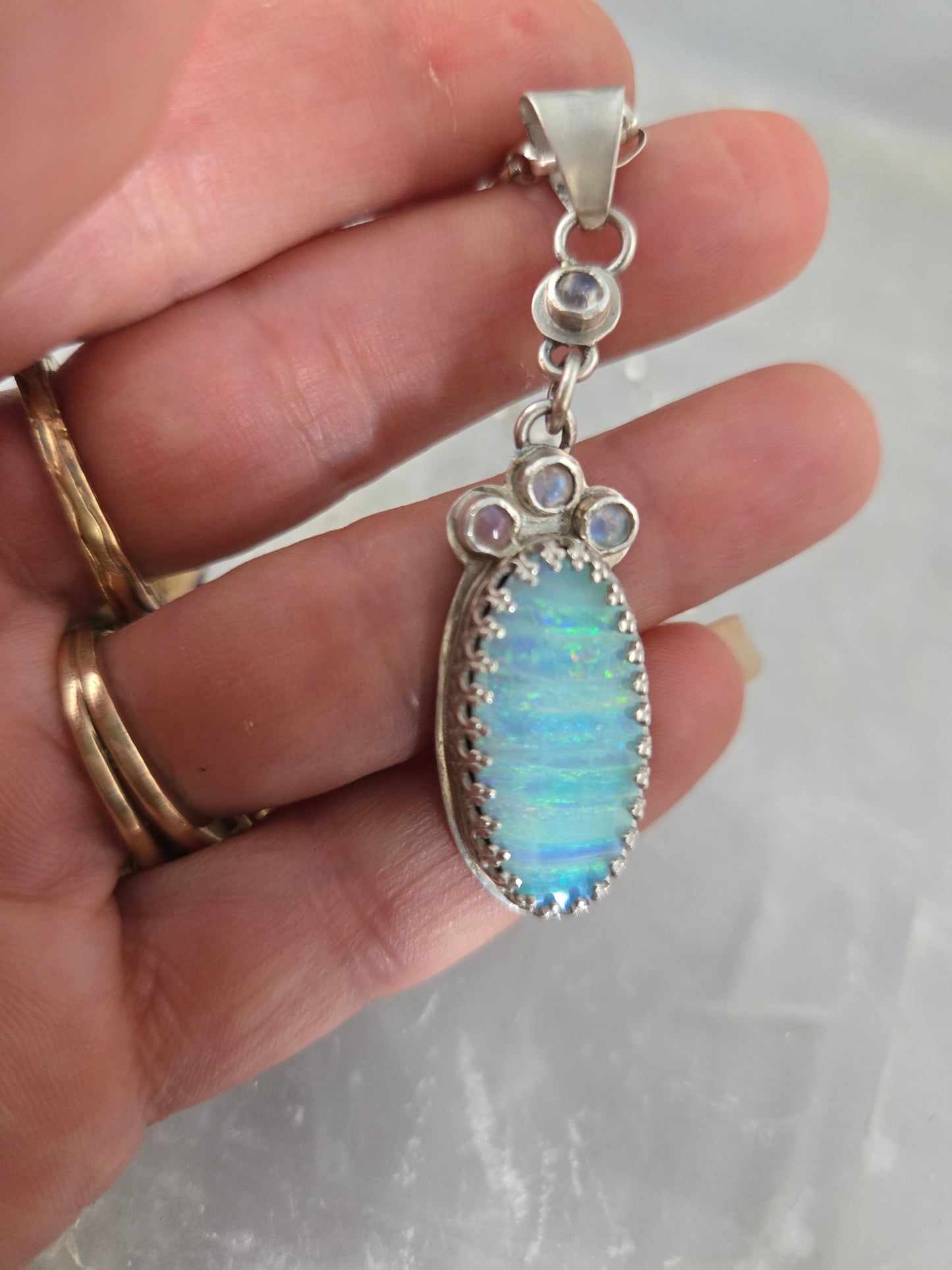 Boulder Opal and Moonstone Sterling Silver Pendant Necklace