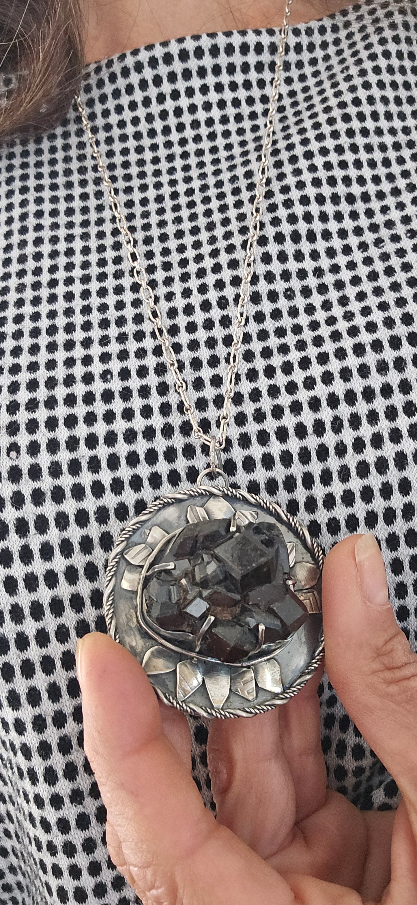 Raw Black Garnet Sterling Silver Pendant Necklace