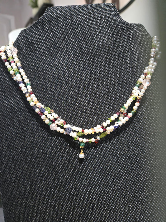Triple Strand Pearl and Multi-Gem Necklace