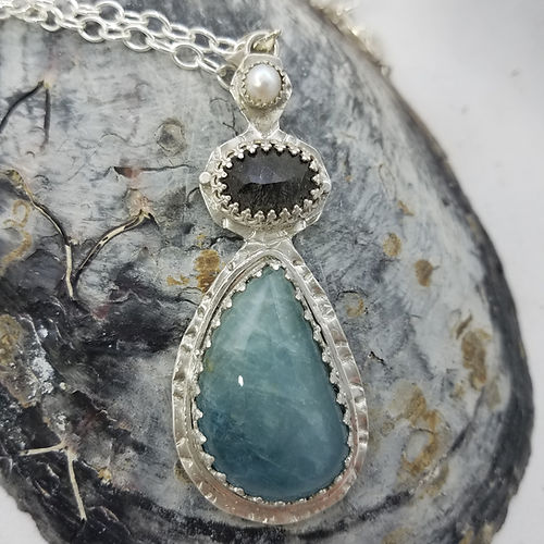 aquamarine, pearl, and black tourmalated quartz pendant necklace
