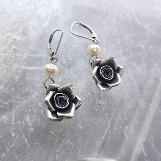 Silver Rose Dangle Earrings