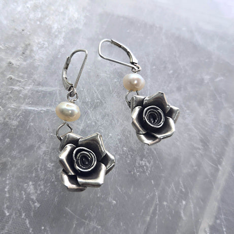 Silver Rose Dangle Earrings