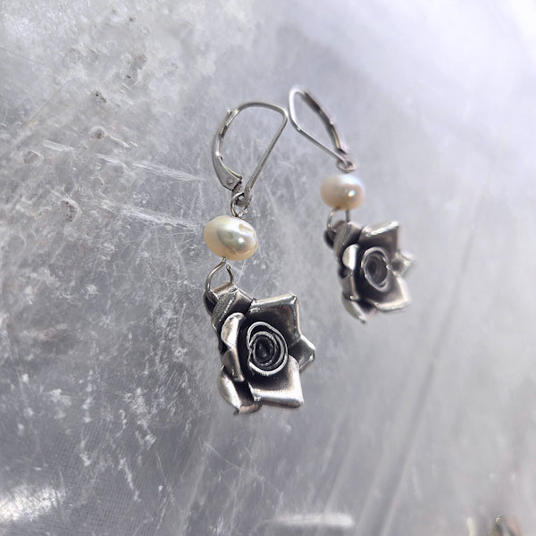 Silver Rose Dangle Earrings