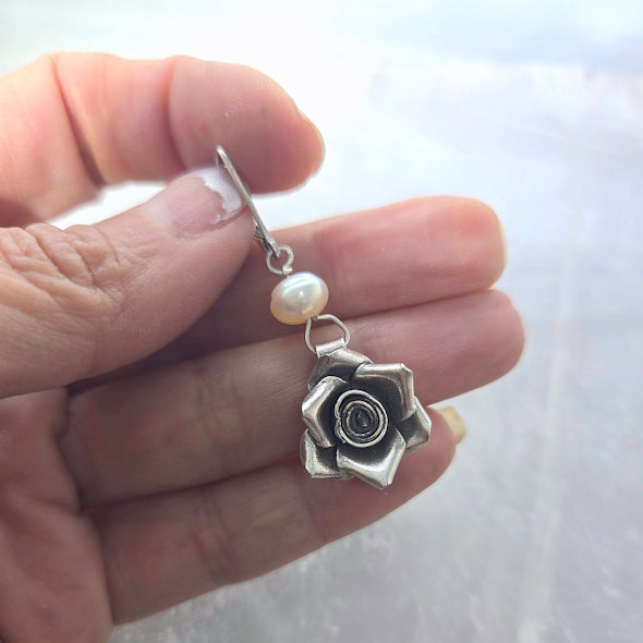 Silver Rose Dangle Earrings