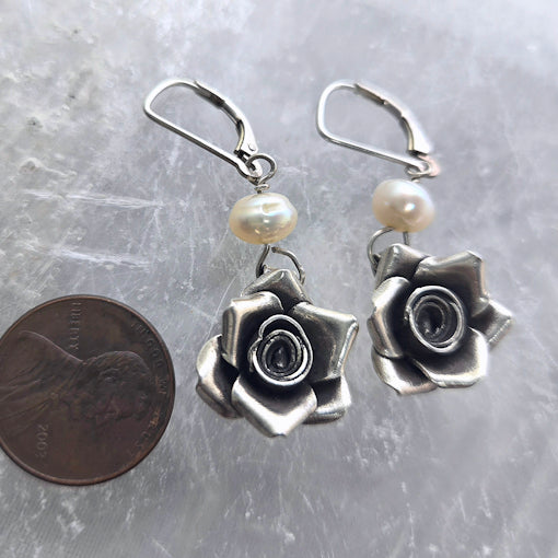 Silver Rose Dangle Earrings