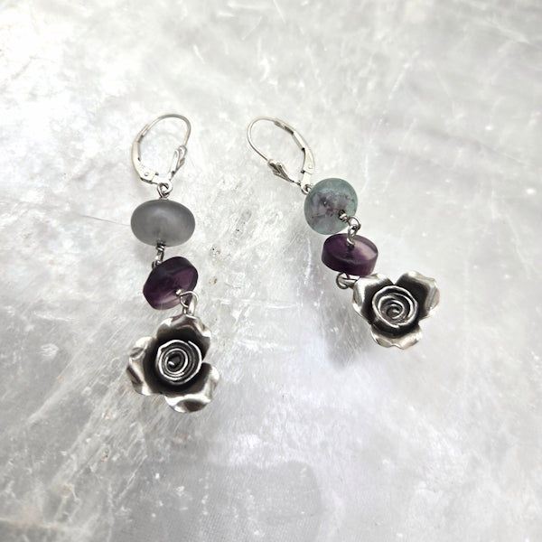 Silver Rose and Fluorite Dangle Earrings