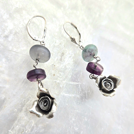 Silver Rose and Fluorite Dangle Earrings