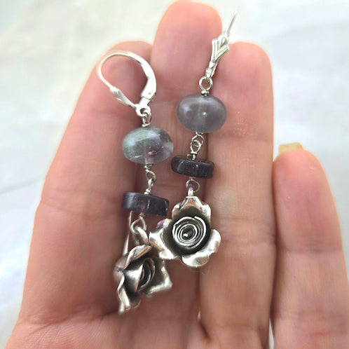 Silver Rose and Fluorite Dangle Earrings