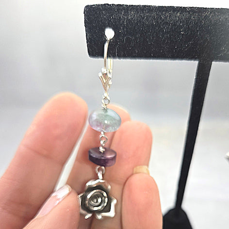 Silver Rose and Fluorite Dangle Earrings