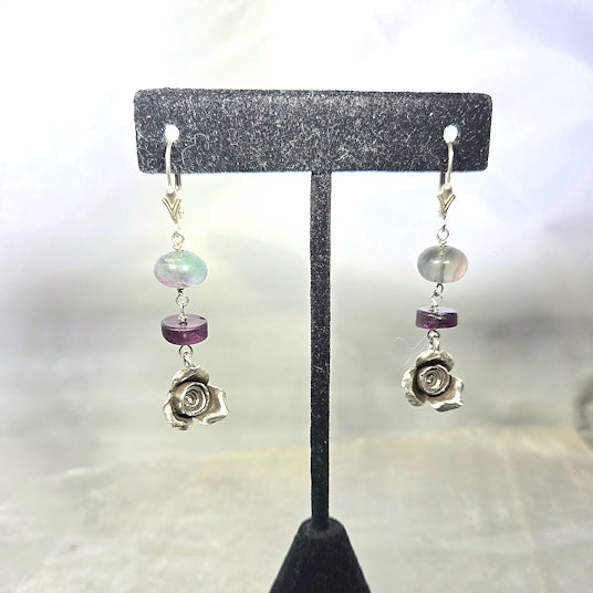 Silver Rose and Fluorite Dangle Earrings