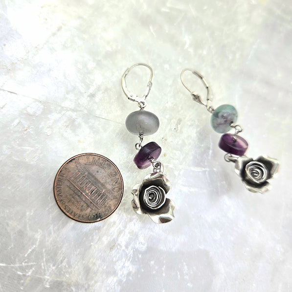 Silver Rose and Fluorite Dangle Earrings