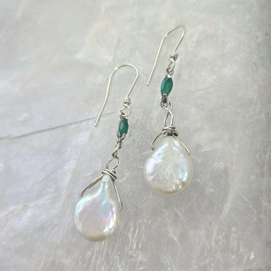 Coin Pearl and Emerald Dangle Earrings