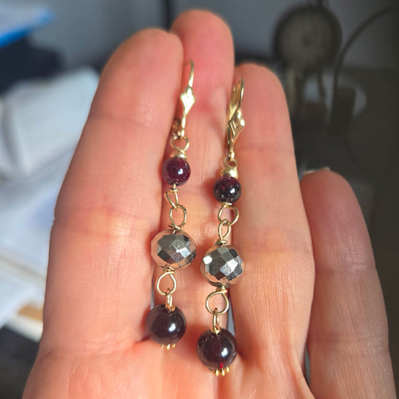Garnet and Pyrite Dangle Earrings