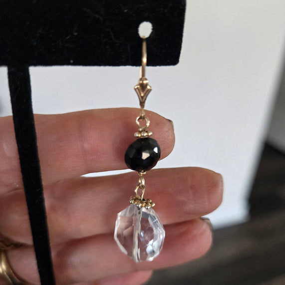 14kt Gold Rock Crystal and Black Garnet Dangle Earrings