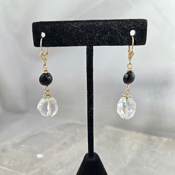 14kt Gold Rock Crystal and Black Garnet Dangle Earrings