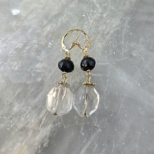 14kt Gold Rock Crystal and Black Garnet Dangle Earrings