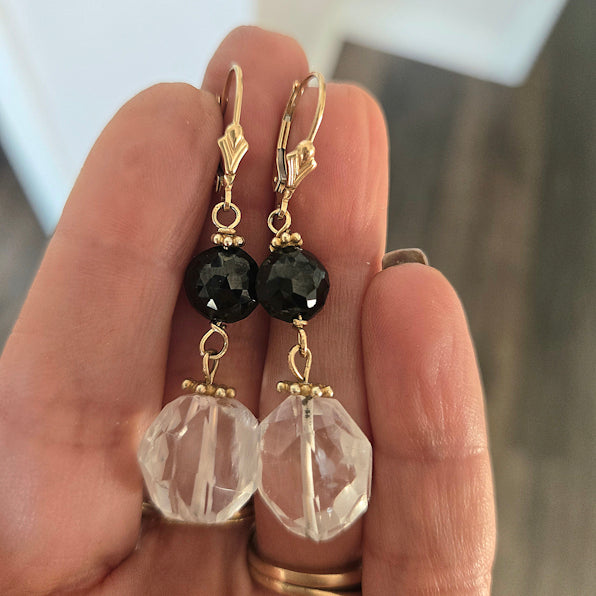 14kt Gold Rock Crystal and Black Garnet Dangle Earrings