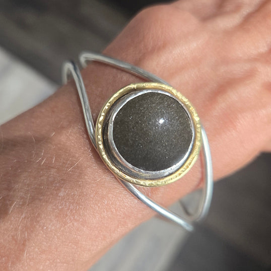 Handcrafted Gold Sheen Obsidian Sterling Silver and 18kt Gold Cuff Bracelet