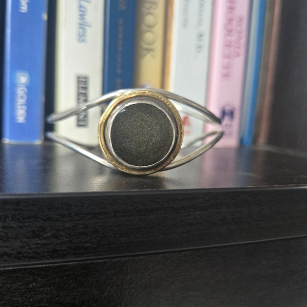 Handcrafted Gold Sheen Obsidian Sterling Silver and 18kt Gold Cuff Bracelet
