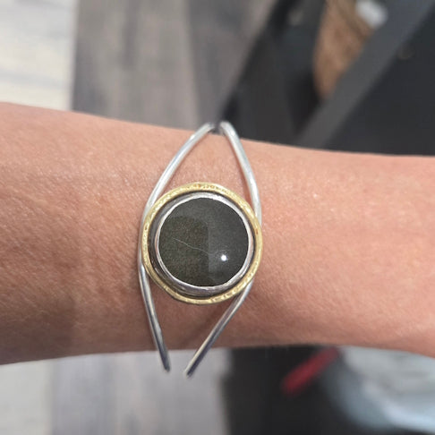Handcrafted Gold Sheen Obsidian Sterling Silver and 18kt Gold Cuff Bracelet