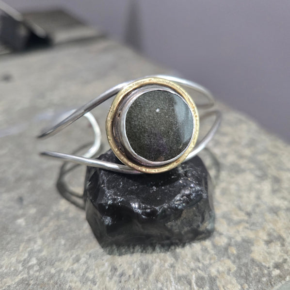 Handcrafted Gold Sheen Obsidian Sterling Silver and 18kt Gold Cuff Bracelet