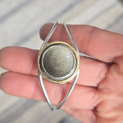 Handcrafted Gold Sheen Obsidian Sterling Silver and 18kt Gold Cuff Bracelet