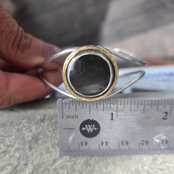 Handcrafted Gold Sheen Obsidian Sterling Silver and 18kt Gold Cuff Bracelet
