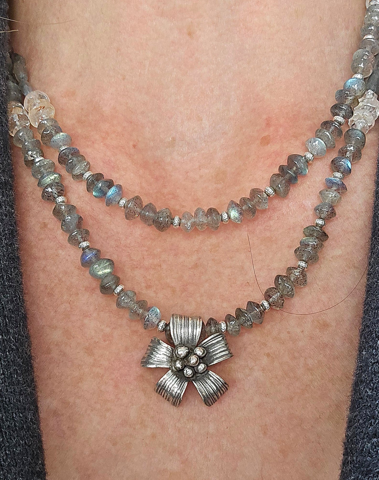Labradorite and Sterling Silver Necklace With Stationary Flower Pendant