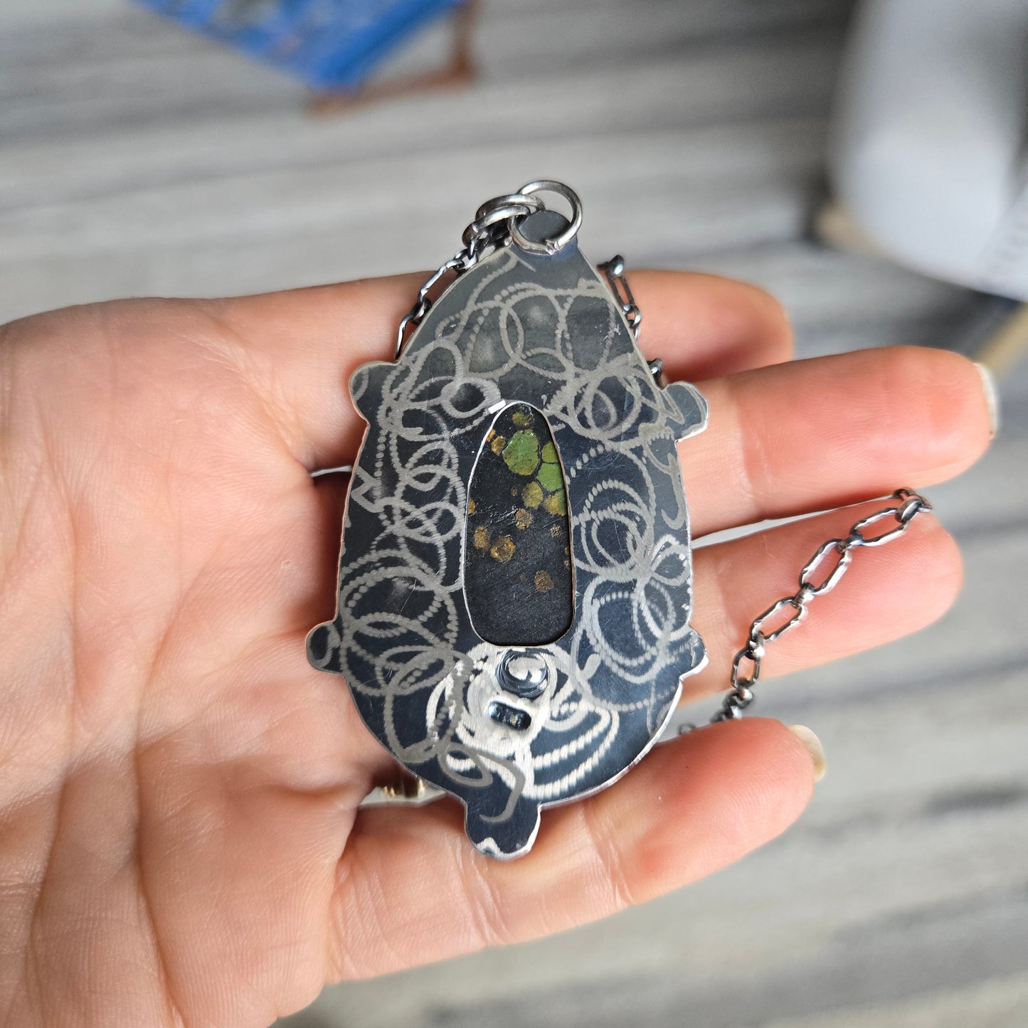 Rare Blackjack Turquoise Pendant Necklace: Sterling Silver and 18kt Gold, Statement Mixed Metal
