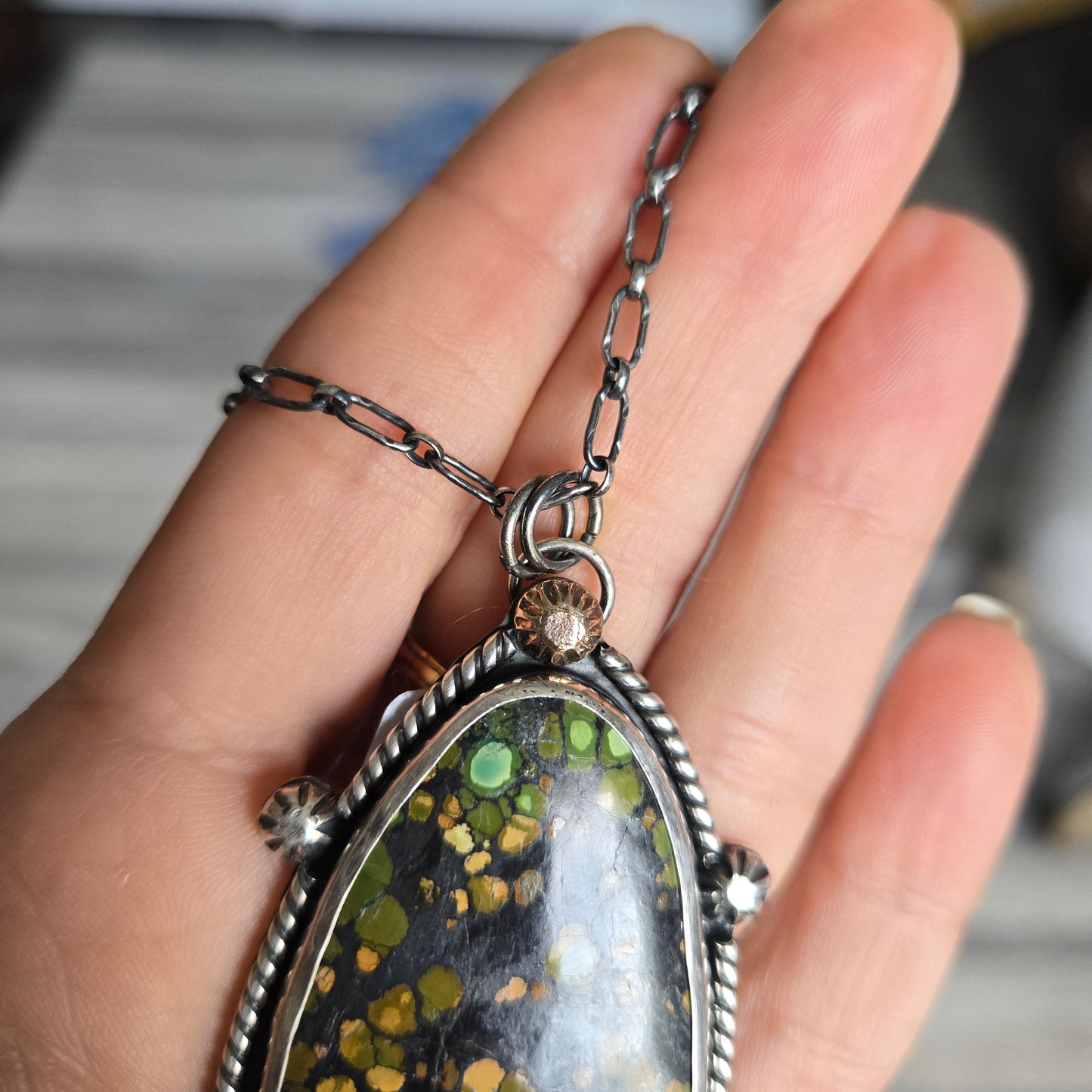 Rare Blackjack Turquoise Pendant Necklace: Sterling Silver and 18kt Gold, Statement Mixed Metal