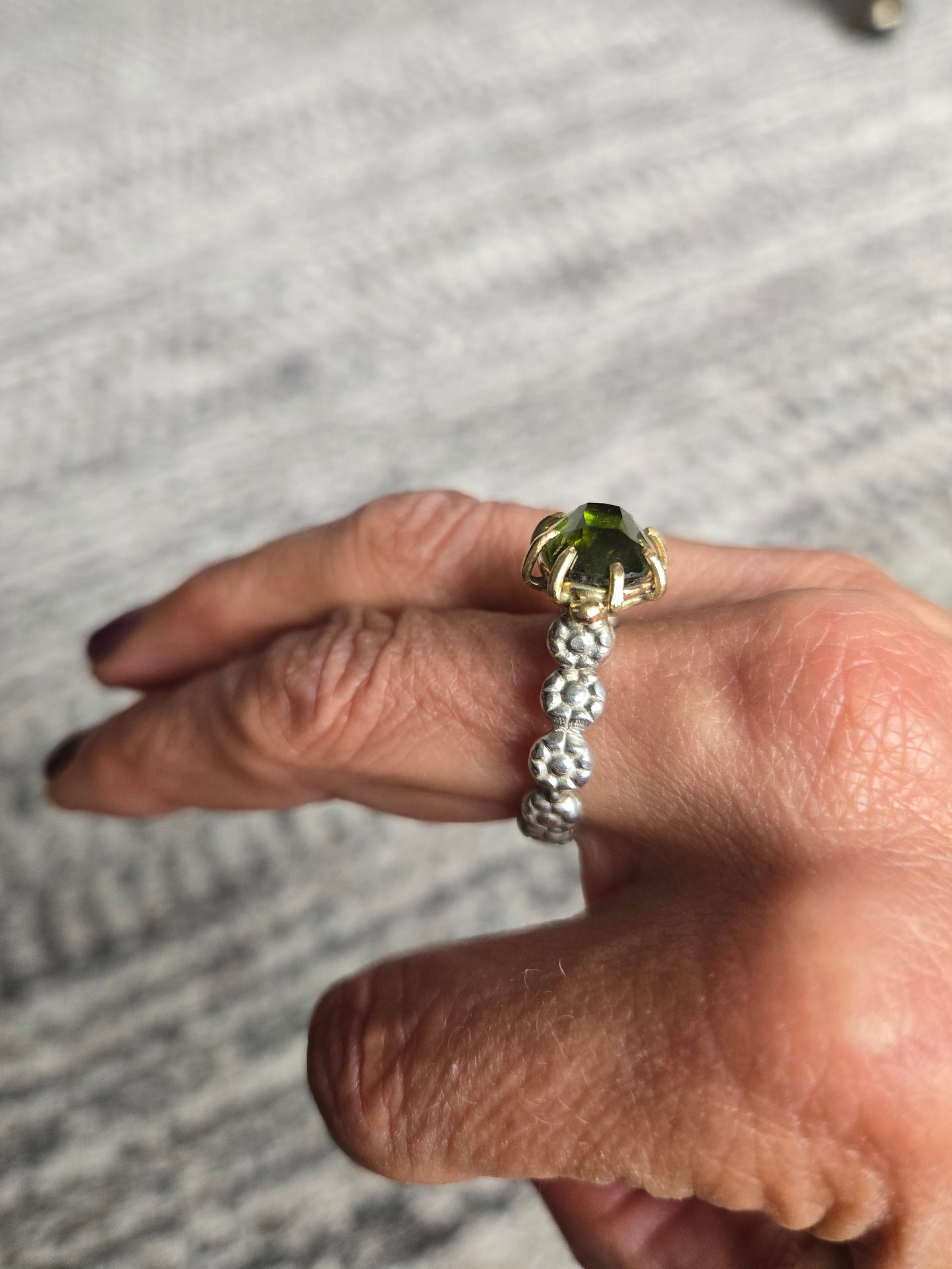 Green Tourmaline Gold and Sterling Silver Ring