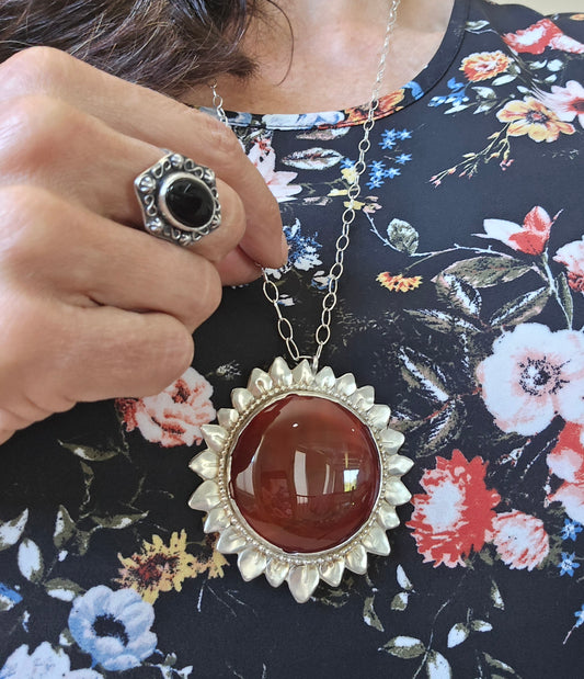 Large Carnelian Sun Pendant Necklace