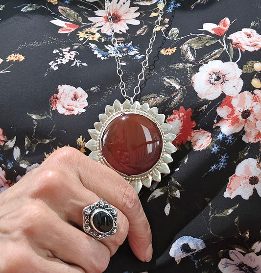 Large Carnelian Sun Pendant Necklace