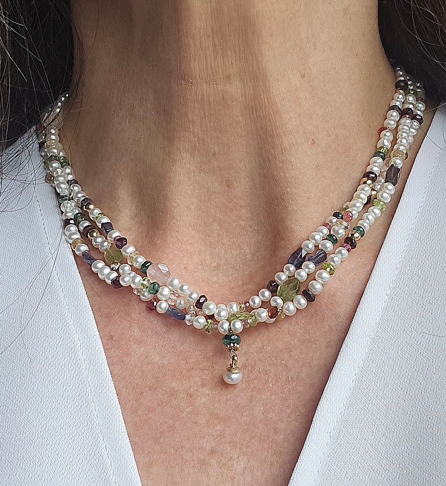 Triple Strand Pearl and Multi-Gem Necklace