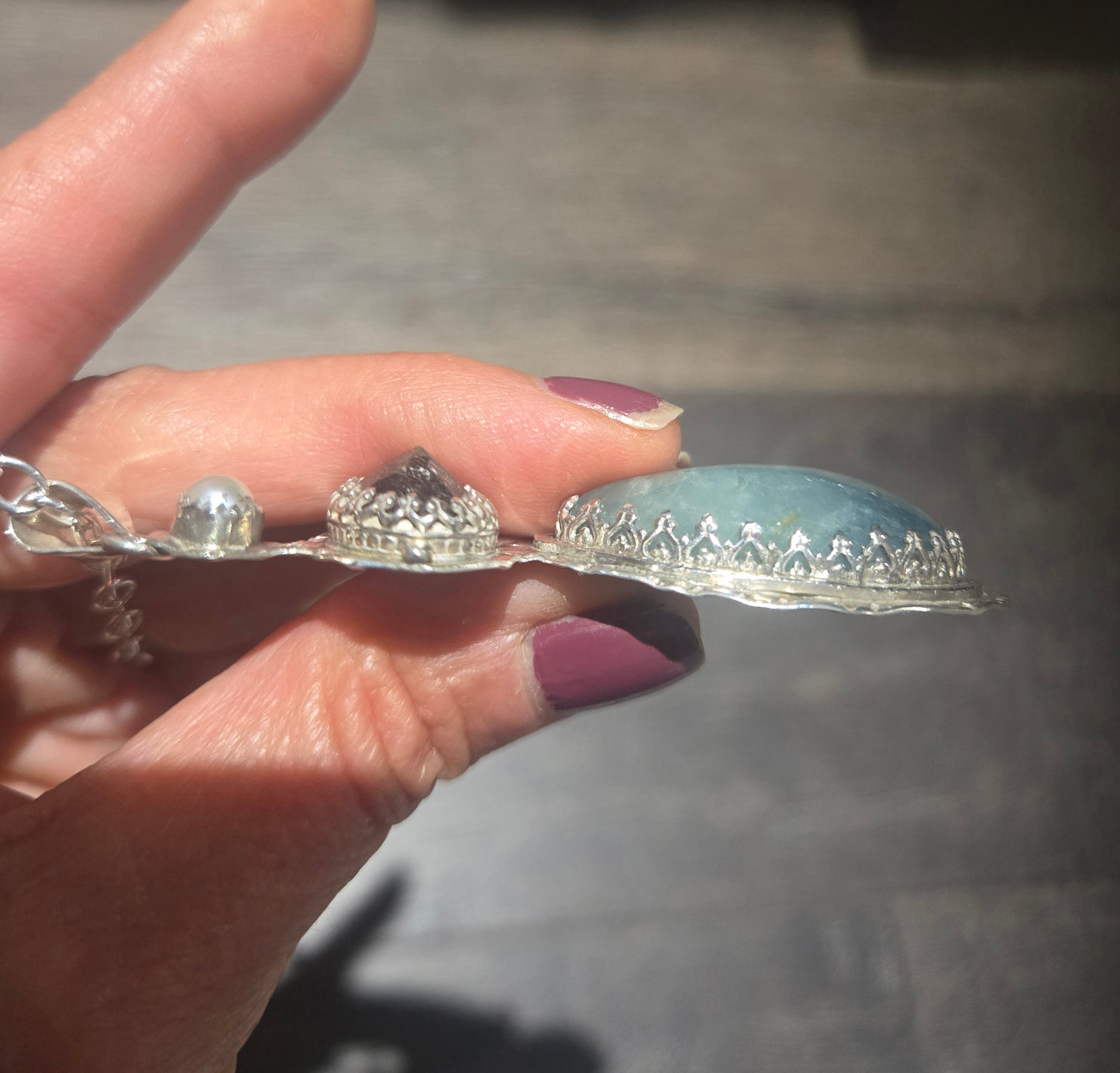 Aquamarine, Pearl, and Black Tourmalated Quartz Pendant Necklace