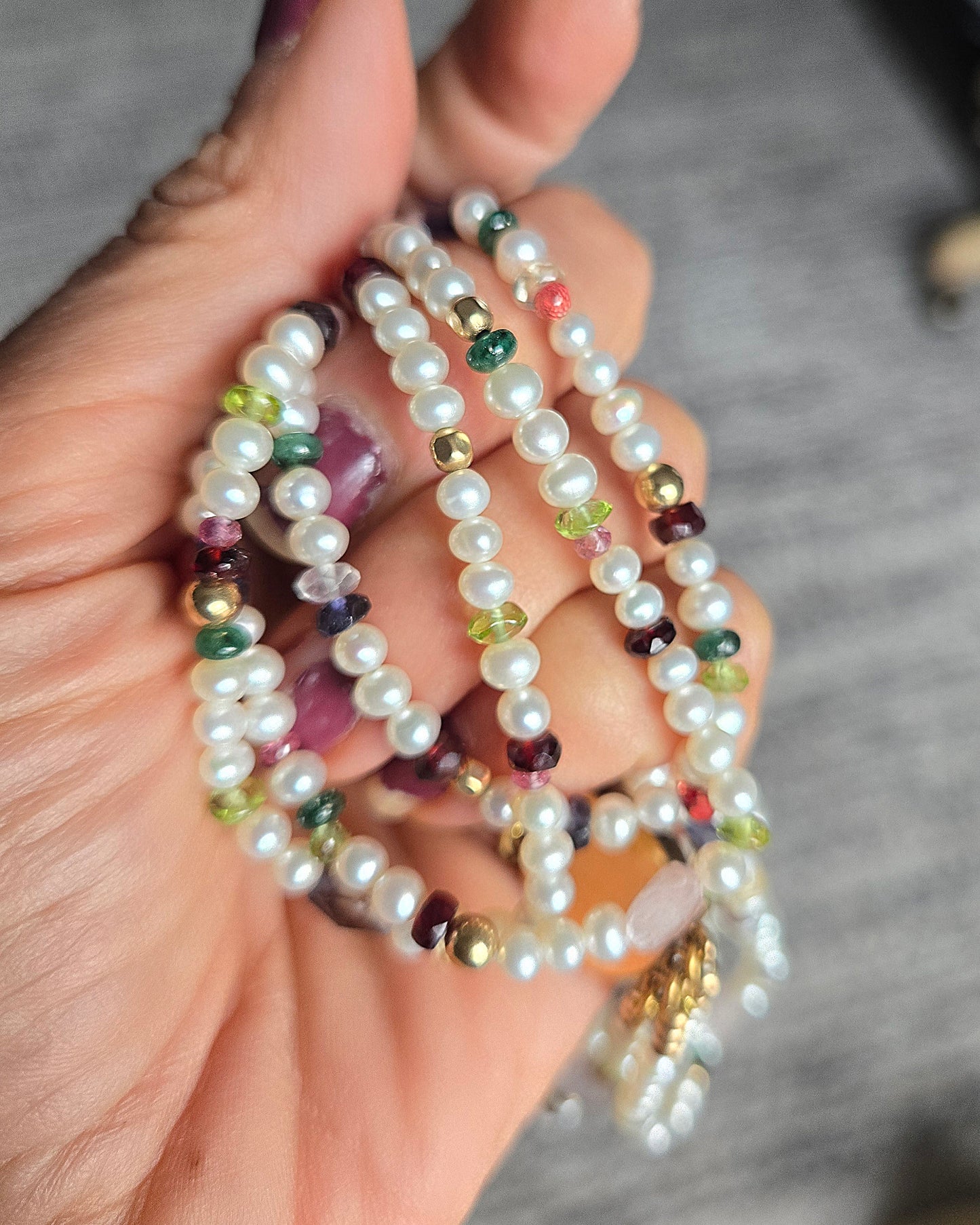 Triple Strand Pearl and Multi-Gem Necklace
