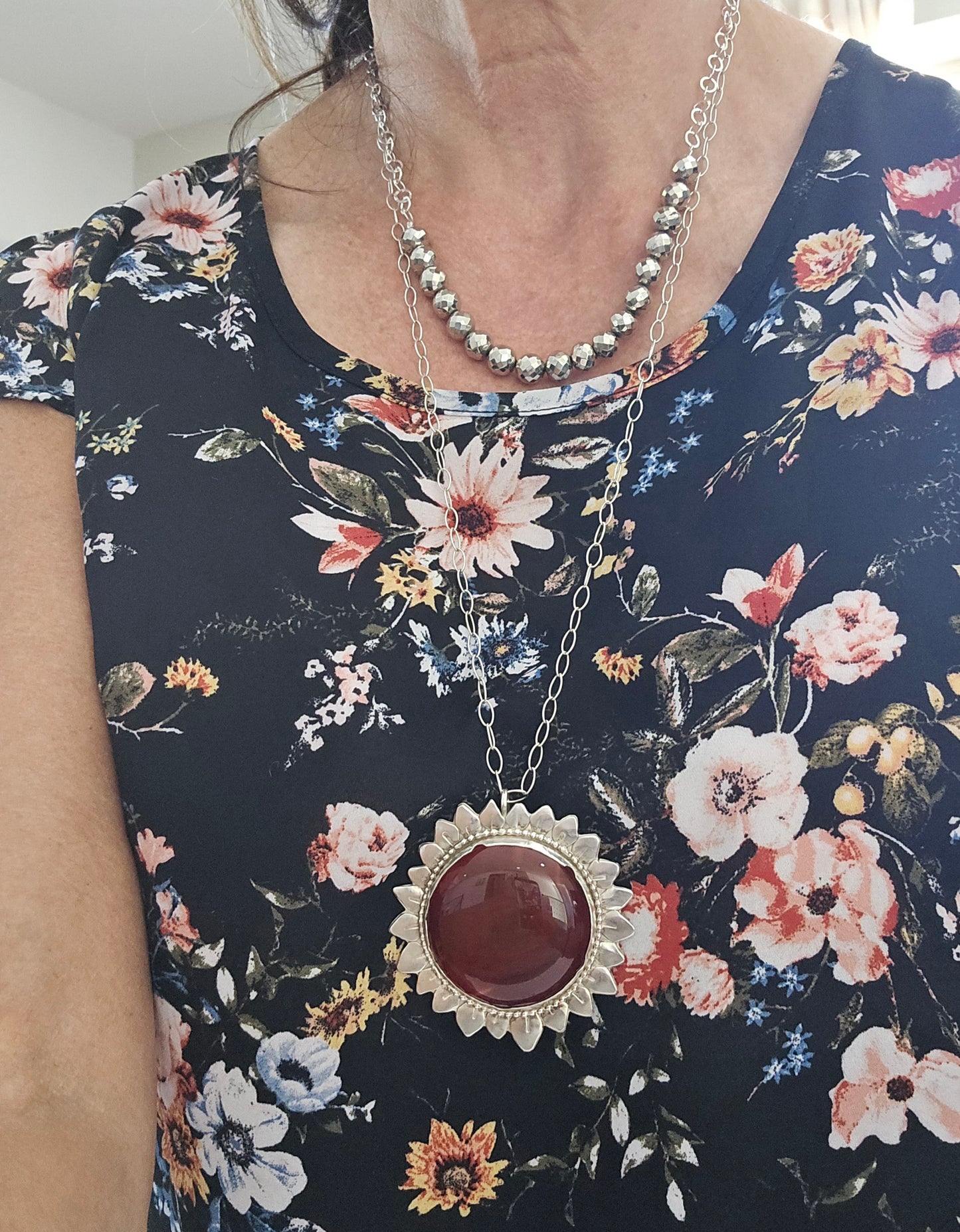 Large Carnelian Sun Pendant Necklace