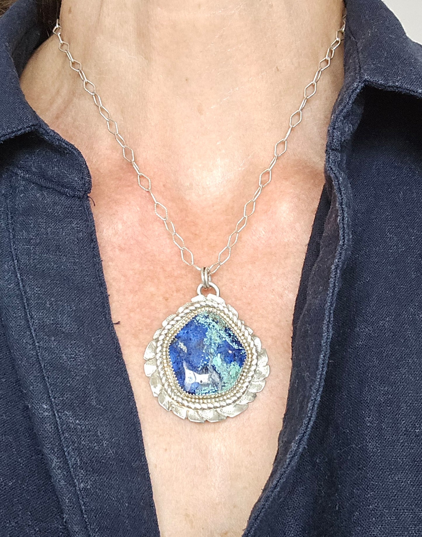 Sterling Silver Azurite Malachite Pendant Necklace