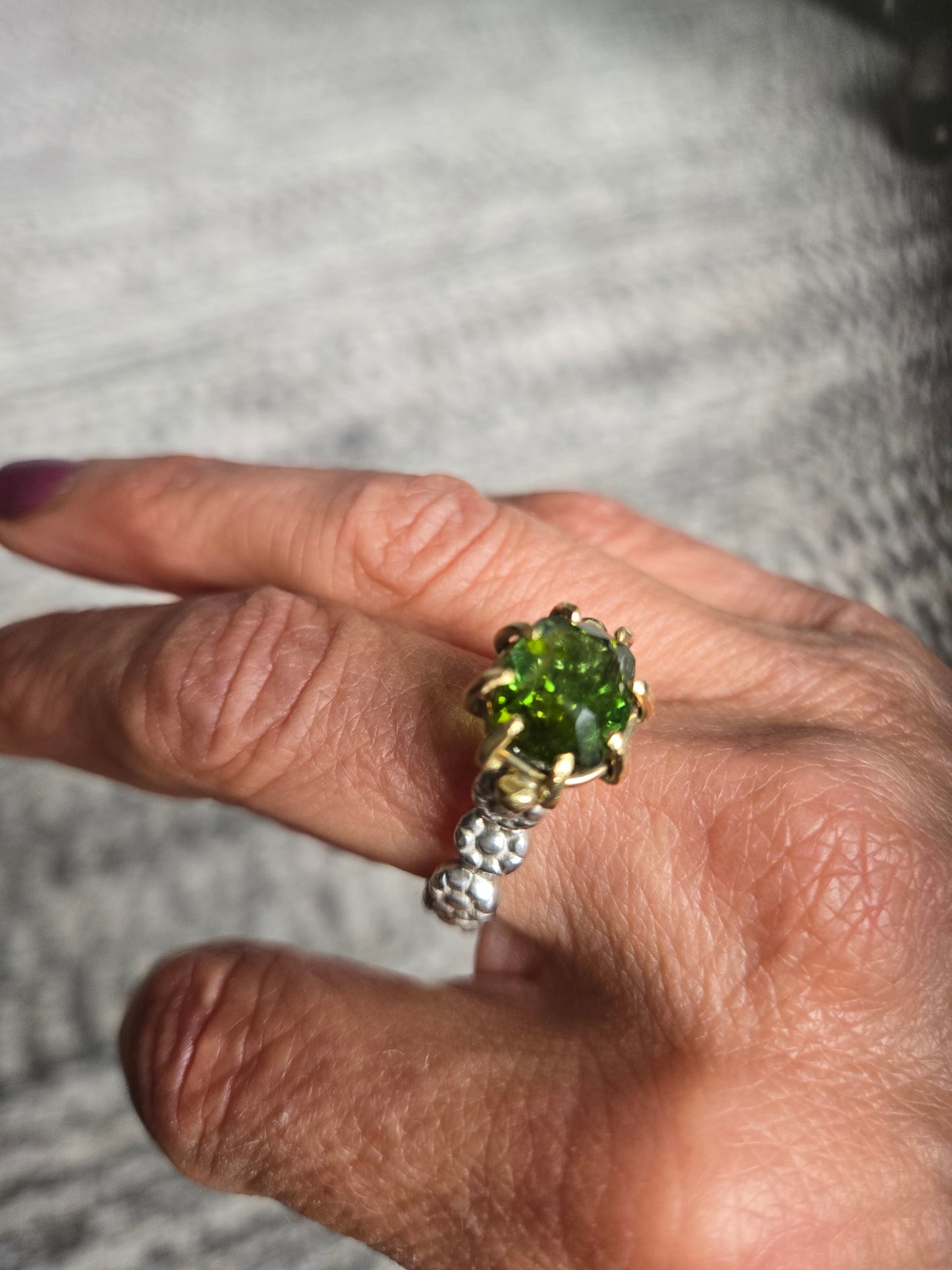 Green Tourmaline Gold and Sterling Silver Ring