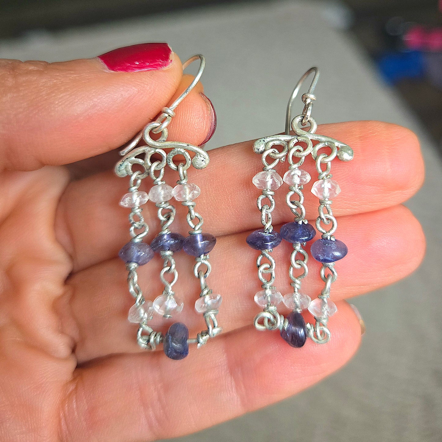 Iolite and Clear Quartz Chandelier Earrings